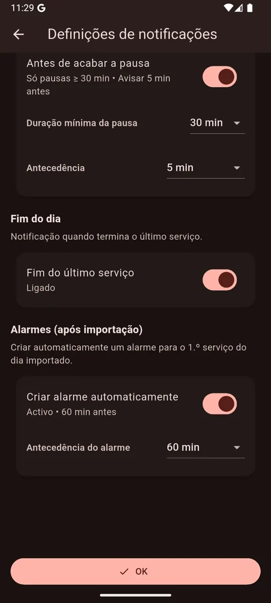 Definições de notificações