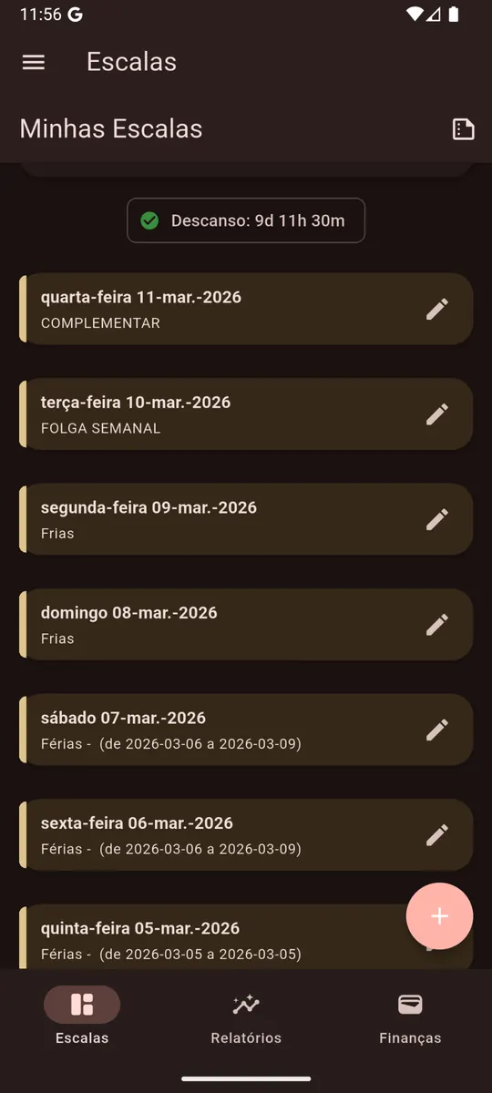 Timeline com informativos e folgas